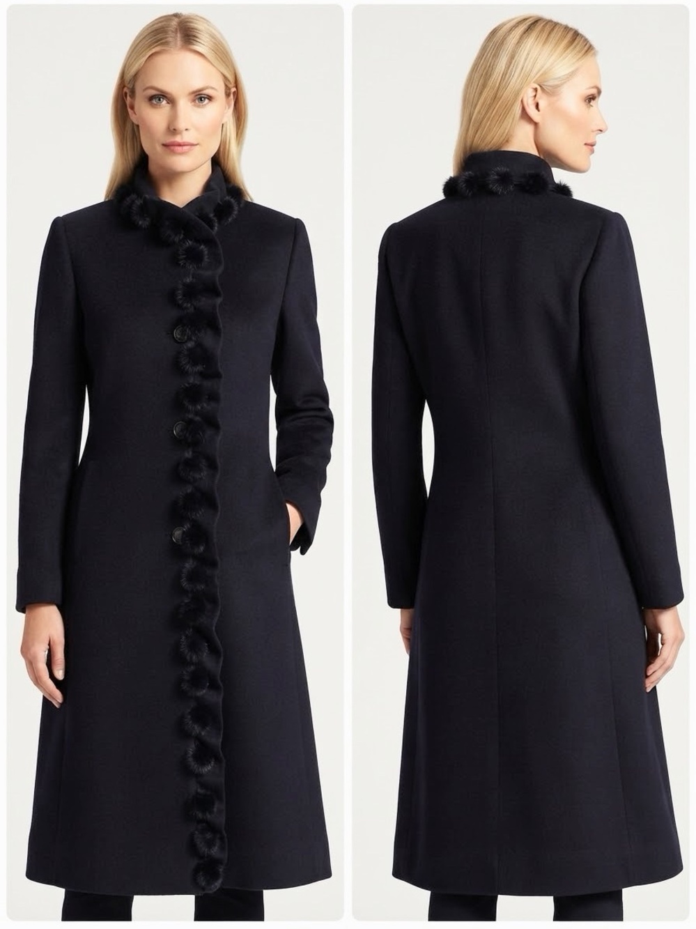NWT WOMEN LONG COAT RUFFLE-TRIMMED WITH REAL RACCOON FUR‎ LINED NAVY INSULATED